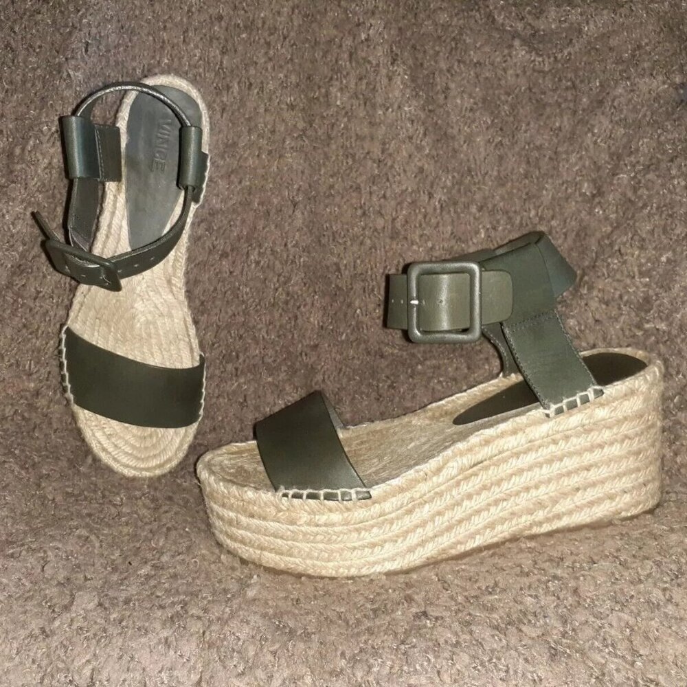 VINCE-Abby-Green Leather Espadrille Platform Sandals-Ankle Strap-Sz 7-Excellent